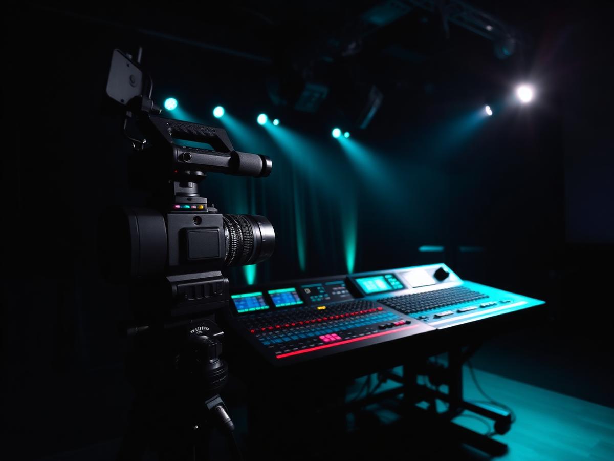 Broadcast camera and audio desk inside the studio
